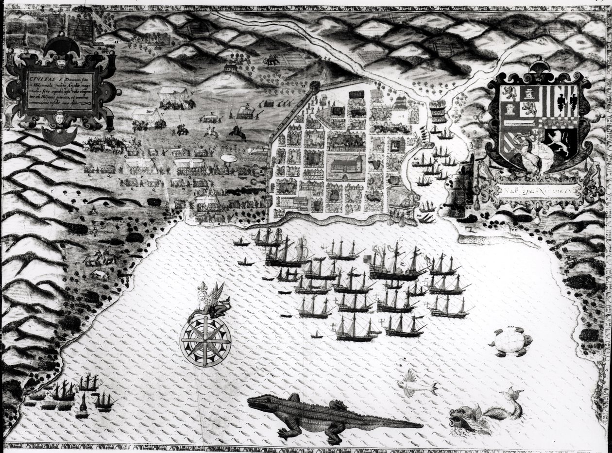 Santiago, Kap Verde, 1589 (käsinvärinen kaiverrus) tekijältä Baptista Boazio