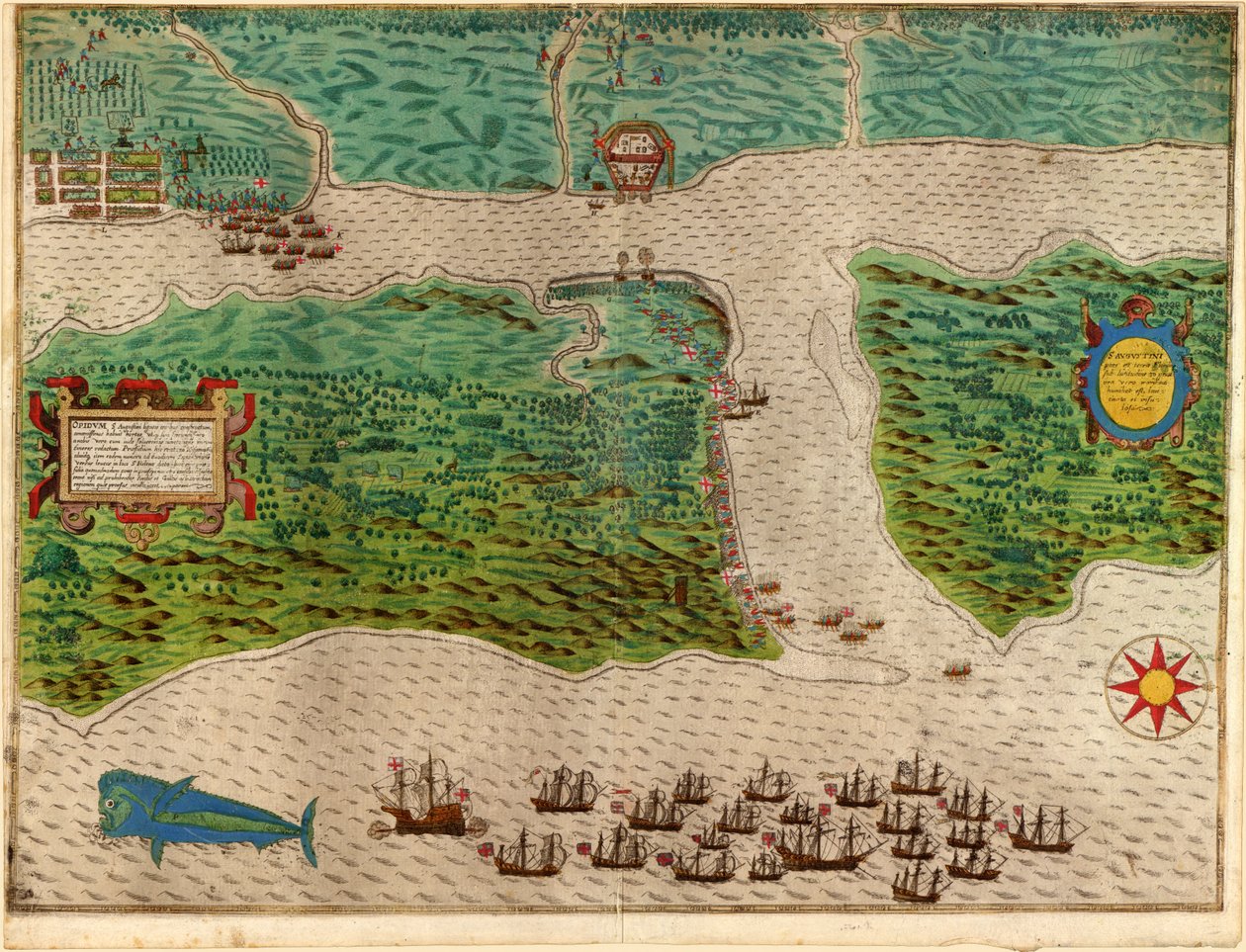 Augustine Drakes West Indian Voyagesta 1585 - 86, pub. 1589 (käsinvärinen kaiverrus) tekijältä Baptista Boazio