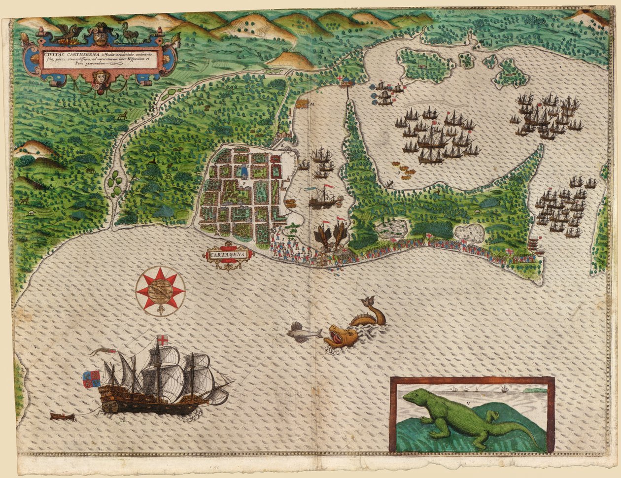 Cartegena, kirjasta Drakes West Indian Voyage 1585 - 86, pub. 1589 (käsin väritetty kaiverrus) tekijältä Baptista Boazio