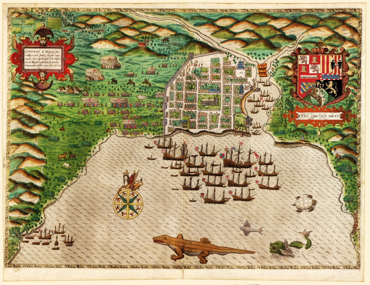 Domingo, teoksesta Drakes West Indian Voyage 1585 - 86, pub. 1589 (käsin väritetty kaiverrus) tekijältä Baptista Boazio