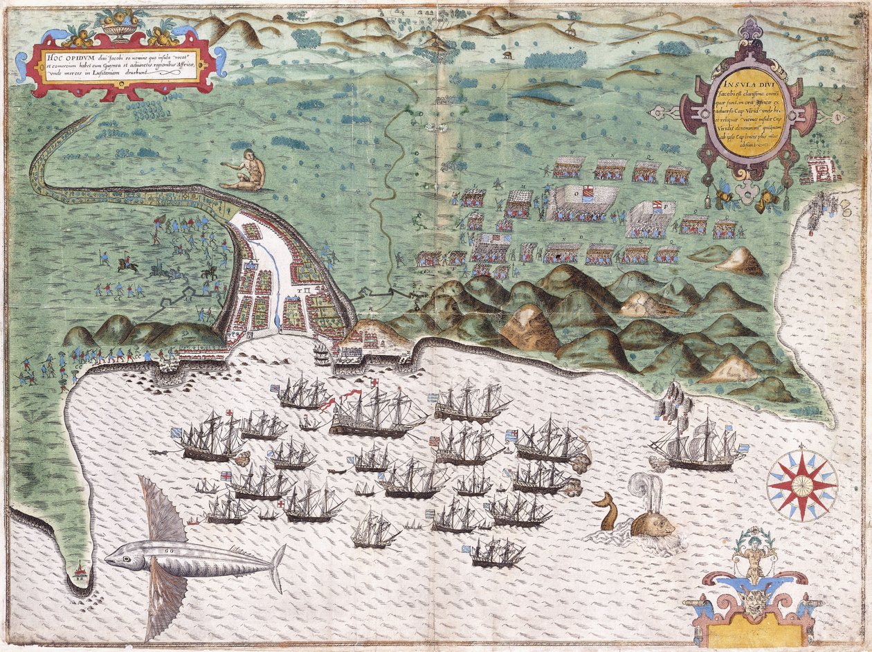 Näkymäsuunnitelma Santiagosta, Kap Verden saarista, jossa Sir Francis Draken hyökkäys espanjalaiseen linnoitukseen 17. marraskuuta 1585, n. 1588-9 tekijältä Baptista Boazio