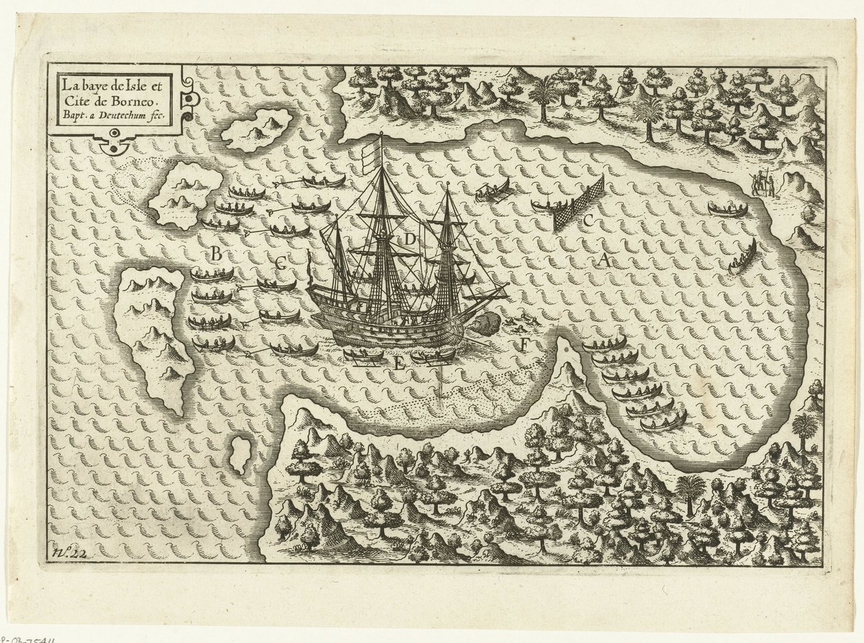 Saapuminen Borneolle, 1600 La baye de Isle et Cite de Borneo (otsikko esineessä), RP-P-OB-75.411 tekijältä Baptista van Doetechum