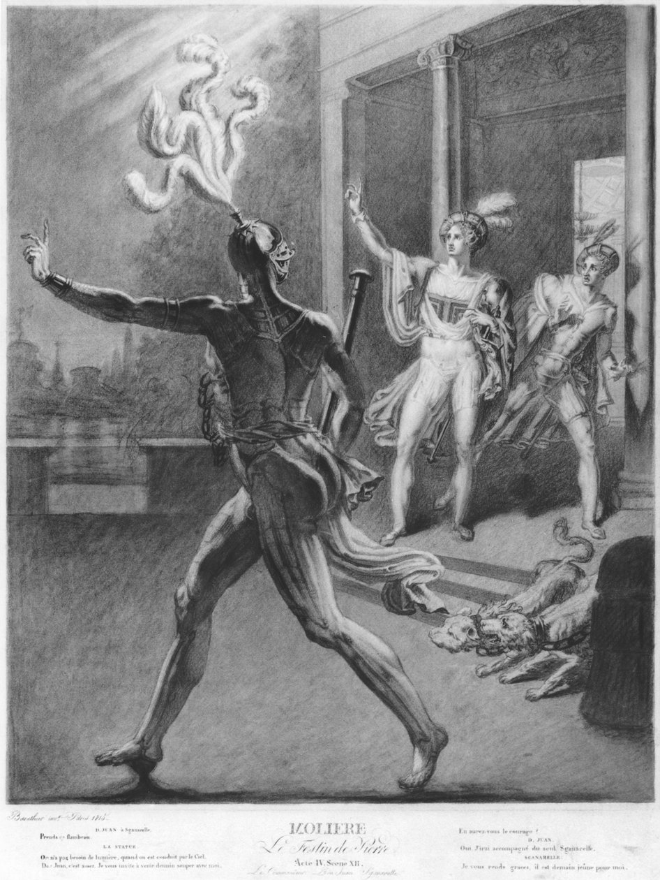 Don Juan and the Commendatore, esimerkki Don Juanin näytöksestä IV kohtaus 12, tai Molieren Le Festin de Pierre, 1815 (bw kuva) tekijältä Barathier