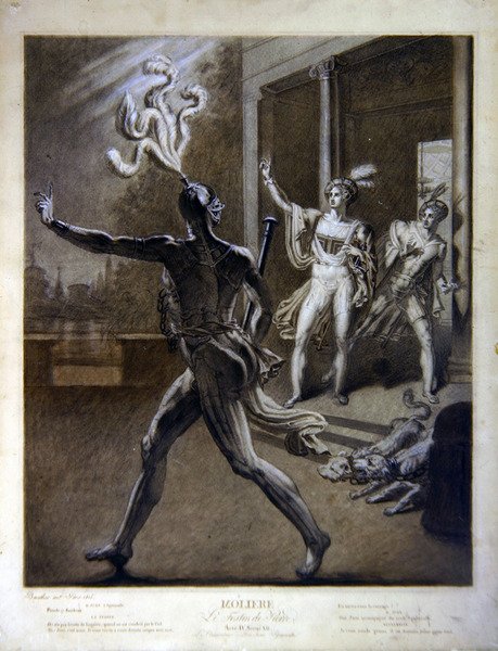 Don Juan ja Commendatore, esimerkki Molieren "Don Juan tai Le Festin de Pierre" IV näytöksestä 12. tekijältä Barathier Barathier