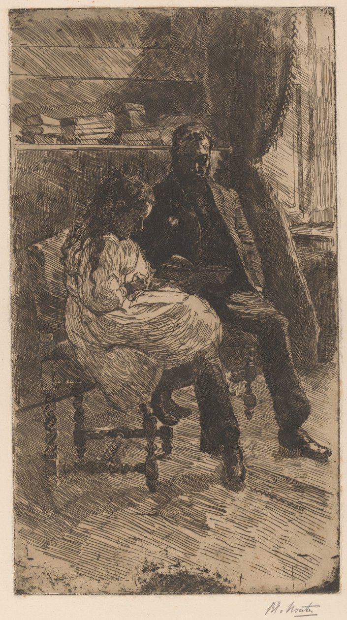 Sisustus, jossa mies ja tyttö lukevat kirjaa yhdessä tekijältä Barbara Elisabeth van Houten (signed by artist)