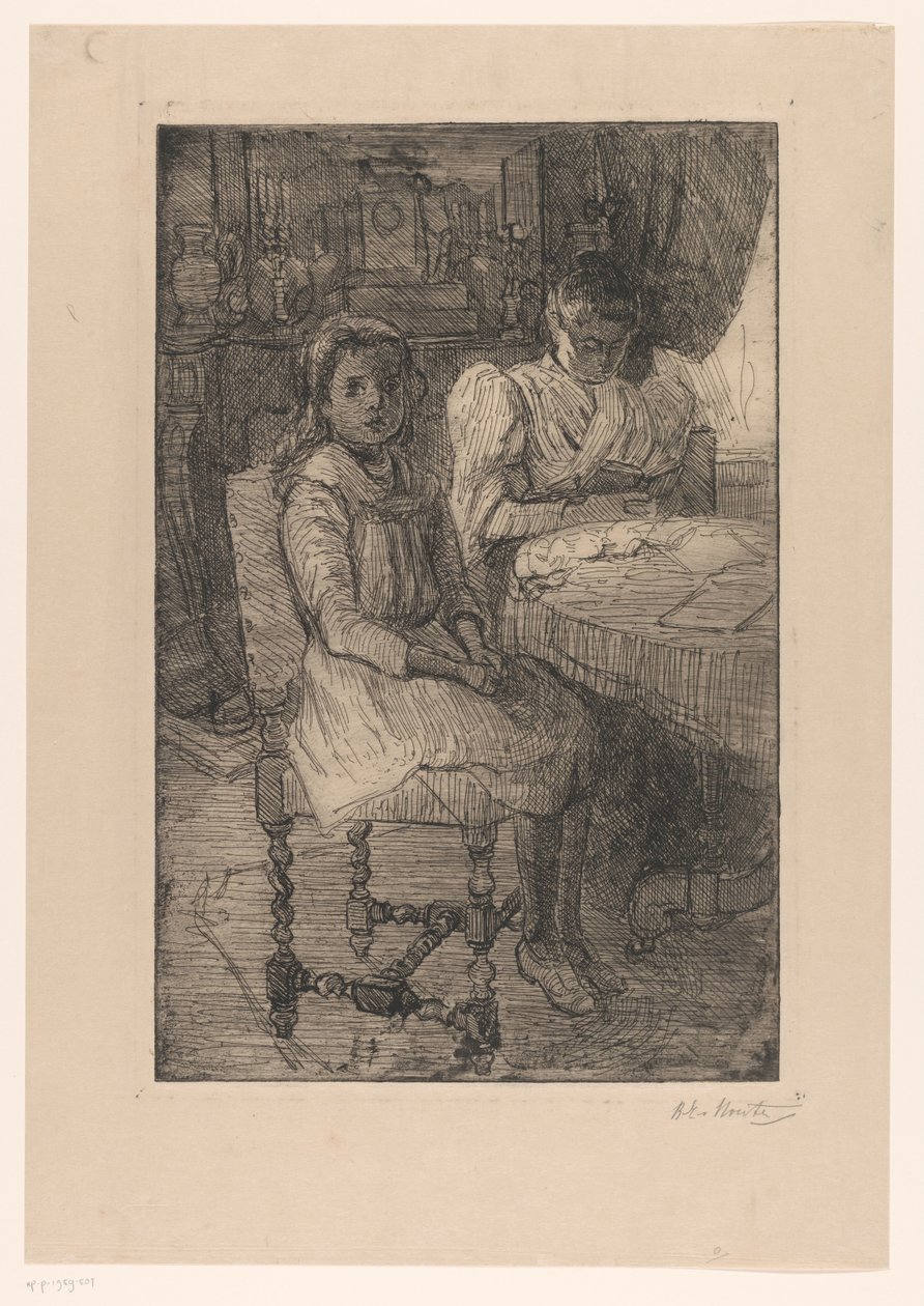 Kaksi naista pöydässä tekijältä Barbara Elisabeth van Houten (signed by artist)