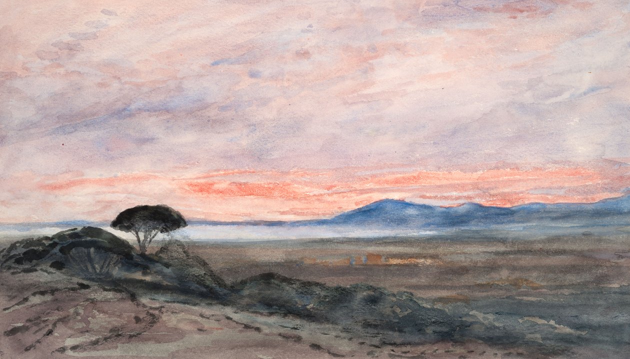 Maisema: Auringonlasku (akvarelli kudospaperille) tekijältä Barbara Leigh Smith Bodichon