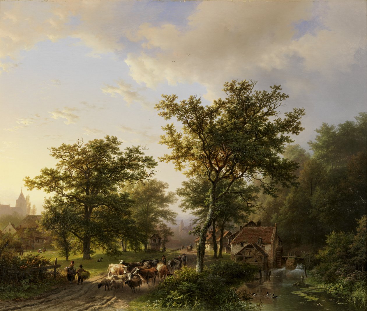 Landschap ja vesimylly ja veedrijvende boeren tekijältä Barend Cornelis Koekkoek