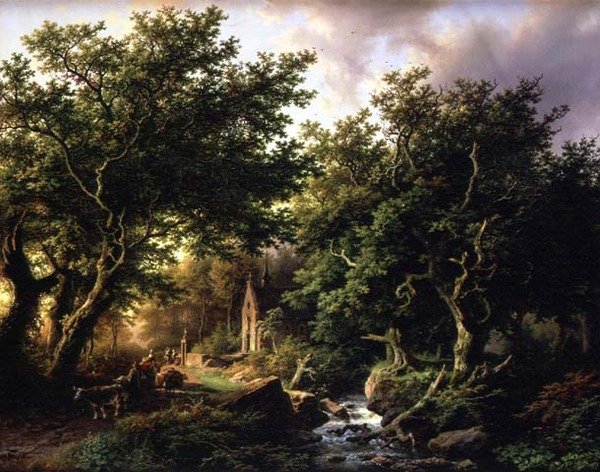 Metsäinen maisema kappelilla tekijältä Barend Cornelis Koekkoek