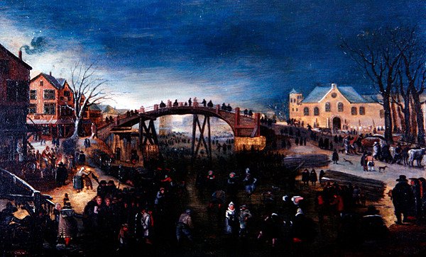 Talvimaisema, jossa taitoluistelua ja leikkimistä, n. 1640-50 (öljy paneelille) tekijältä Barent (follower of) Avercamp