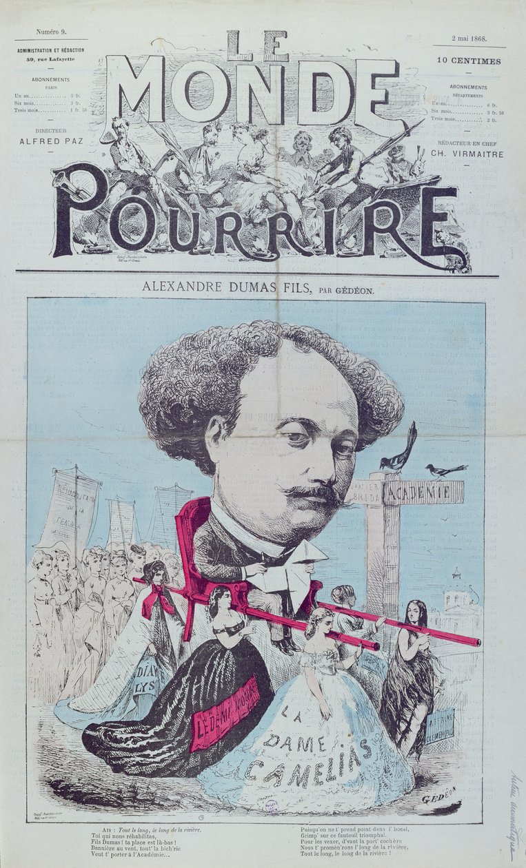 Karikatyyri Alexandre Dumasista, Le Monde Pour Rire -lehden tiedostot, 2. toukokuuta 1868 tekijältä Baril Gedeon
