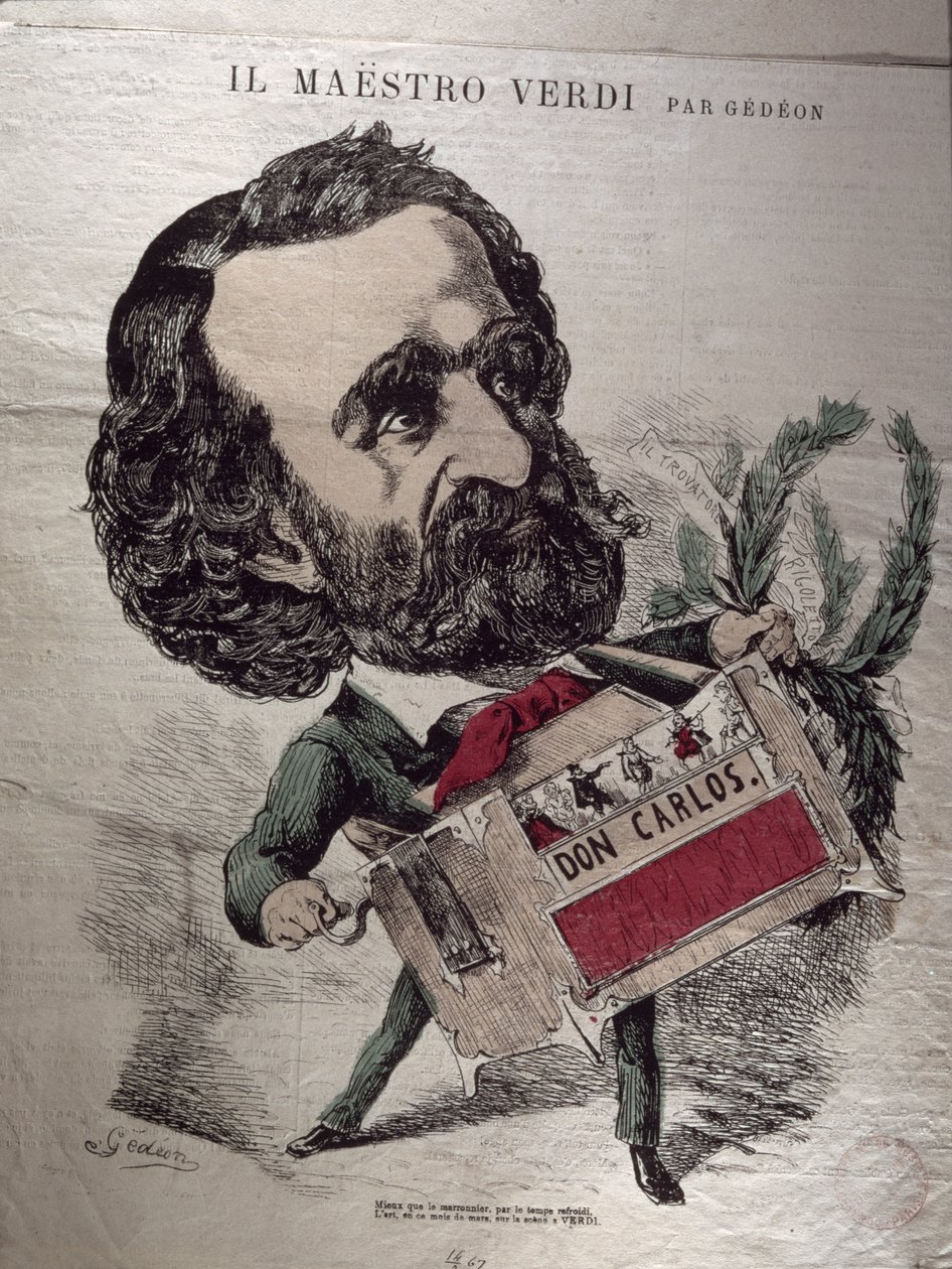 "Il Maestro Verdi", karikatyyri italialaisesta säveltäjästä Giuseppe Verdistä (1813-1901) pukeutuneena urkumyllyksi tekijältä Baril Gedeon