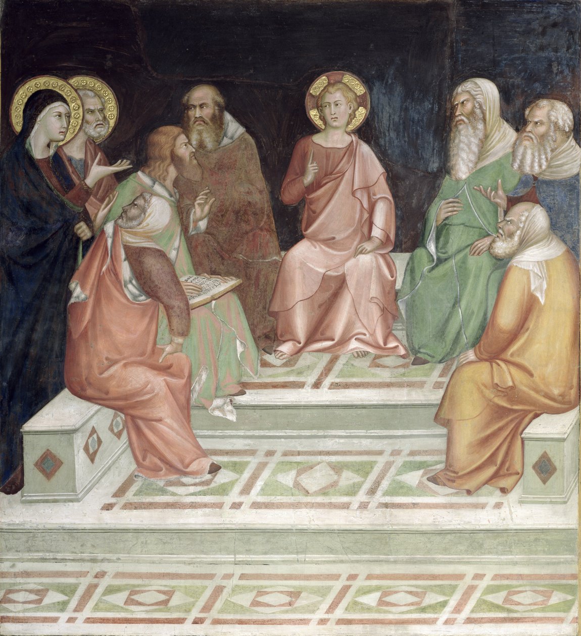 Jeesus lääkäreiden kanssa, sarjasta kohtauksia Uudesta testamentista (fresko) tekijältä Barna da Siena