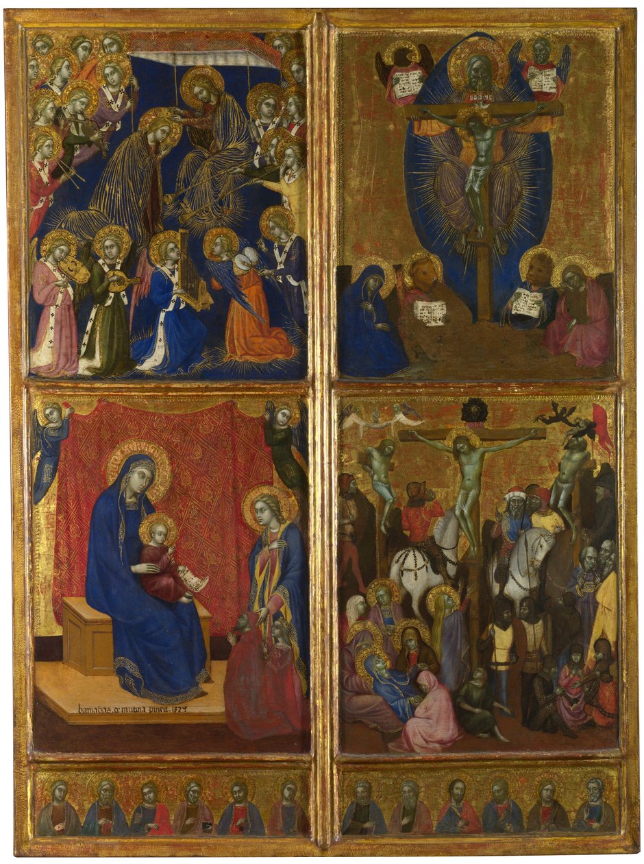 Neitsyen kruunaus. Kolminaisuus. Neitsyt ja lapsi lahjoittajien kanssa. Ristiinnaulitseminen. Kaksitoista apostolia, 1374 tekijältä Barnaba da Modena