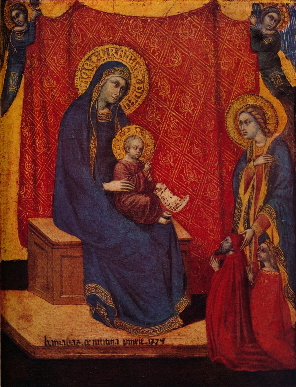 Madonna istui valtaistuimella ja kaksi lahjoittajaa palvonnassa, 1374 tekijältä Barnaba da Modena