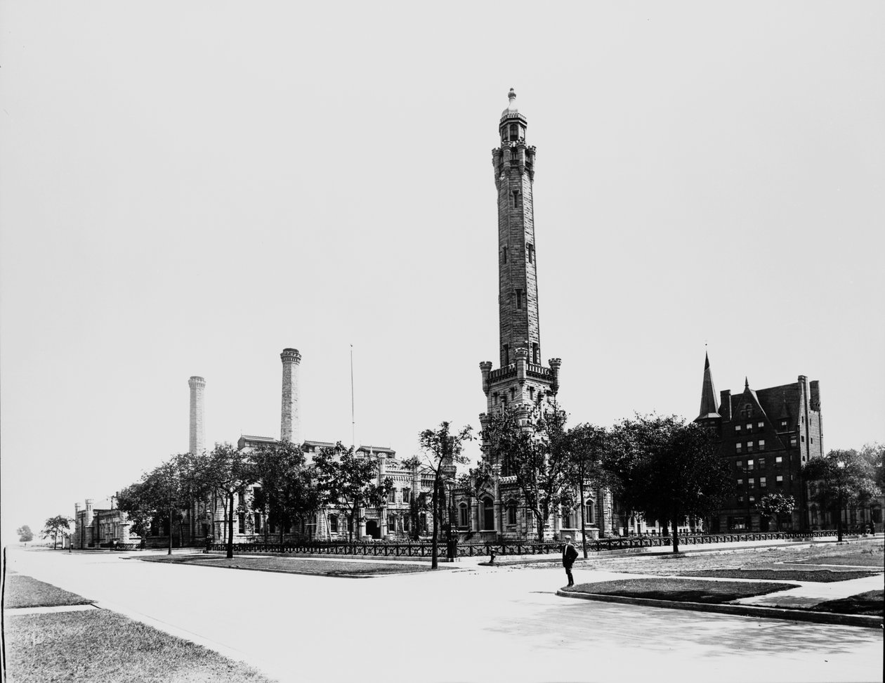 Chicago Water Tower, Chicago, Illinois, USA, n. 1900 (b/w valokuva) tekijältä Barnes and Crosby