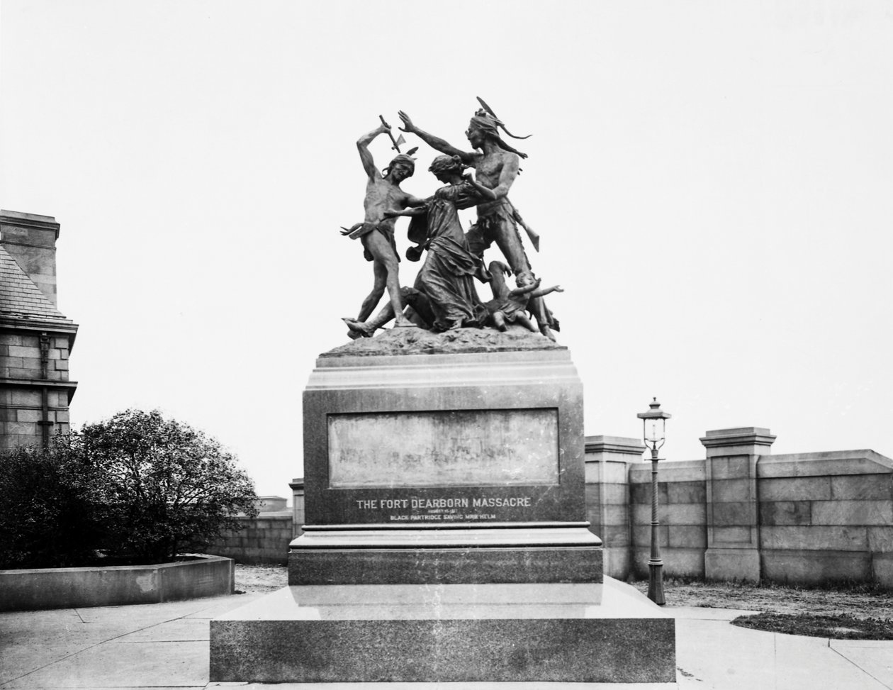 Fort Dearborn Massacre Monument Calumet Streetillä ja 18th Avenuella, Chicago, Illinois, USA, n. 1900 (mv/w kuva) tekijältä Barnes and Crosby