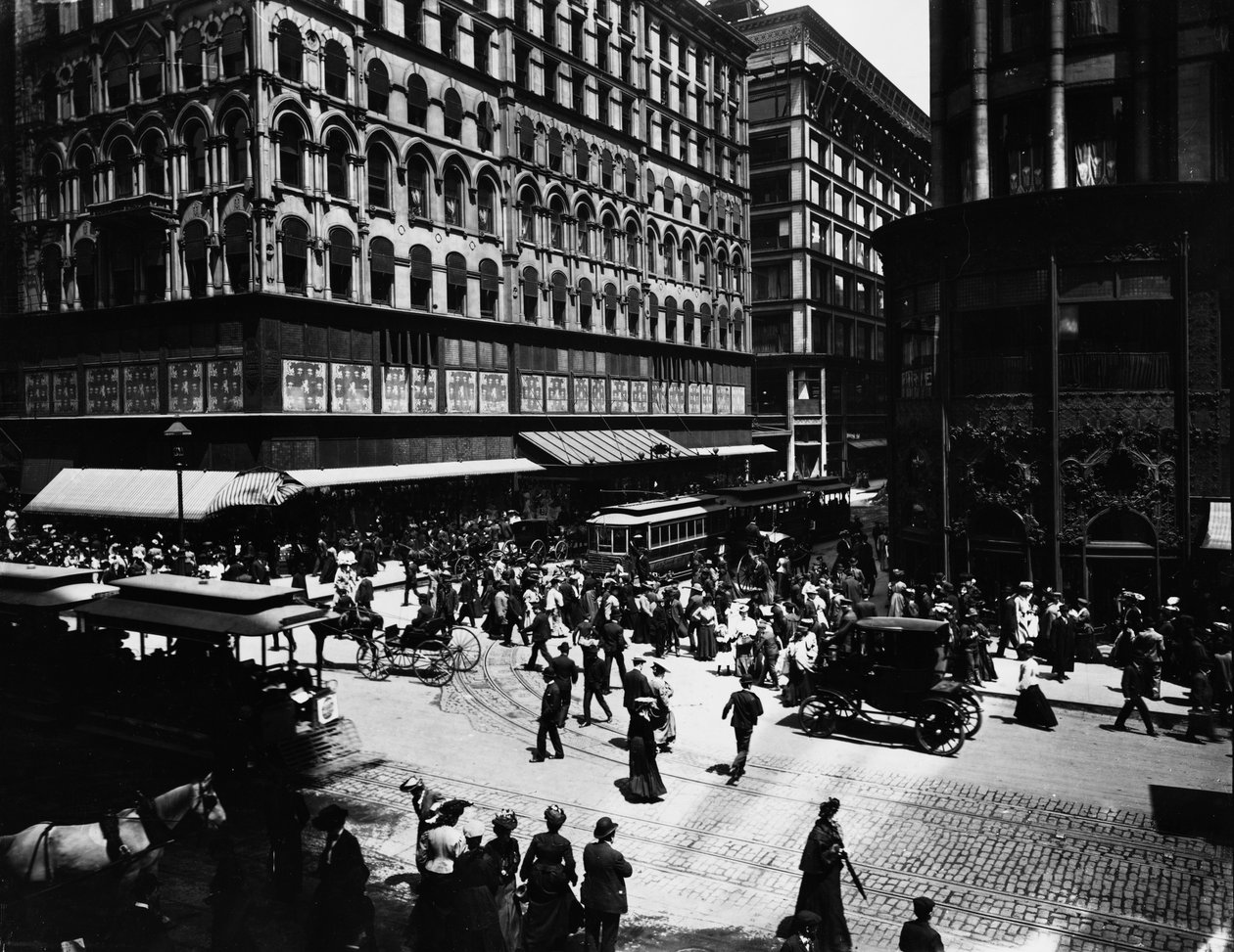 State ja Madison Streets, Chicago, Illinois, Yhdysvallat, noin 1905 (s/w-kuva). tekijältä Barnes and Crosby