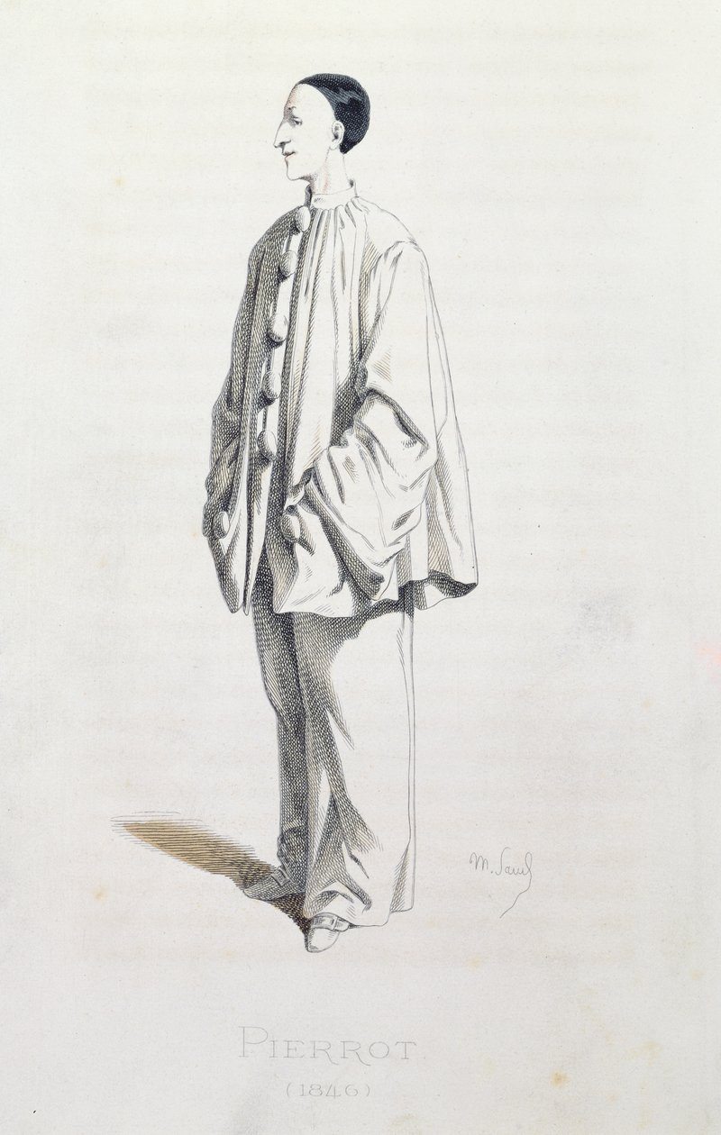 Pierrot, taiteilijan teoksesta "Masques et Bouffons", kaivertanut A. Manceau, 1860 tekijältä Maurice Sand