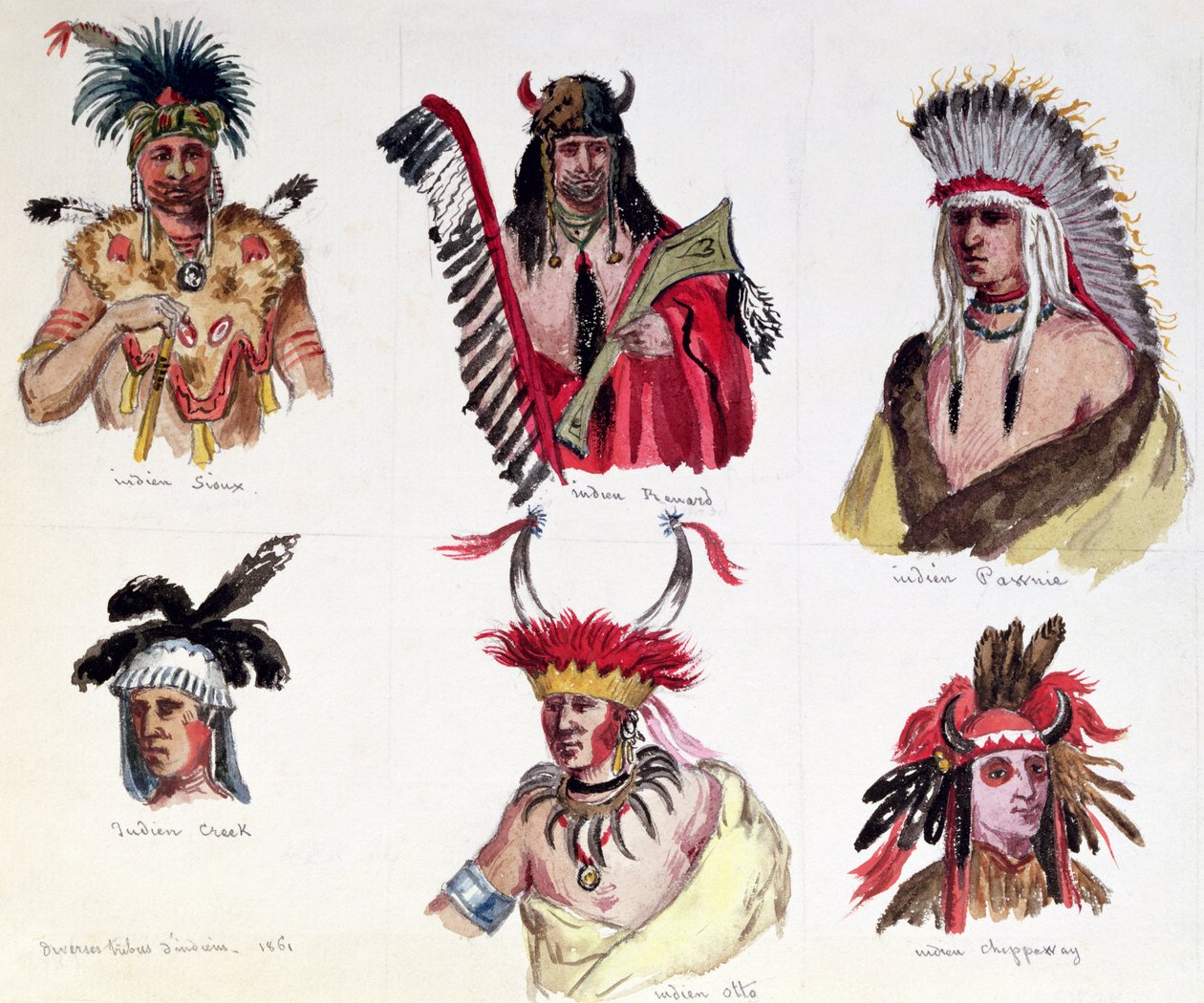 Muotokuvia kuudesta Amerikan intiaanista siuux-, Renard-, pawnee-, Creek-, Otto- ja Chippewa-heimoista, 1861 tekijältä Maurice Sand