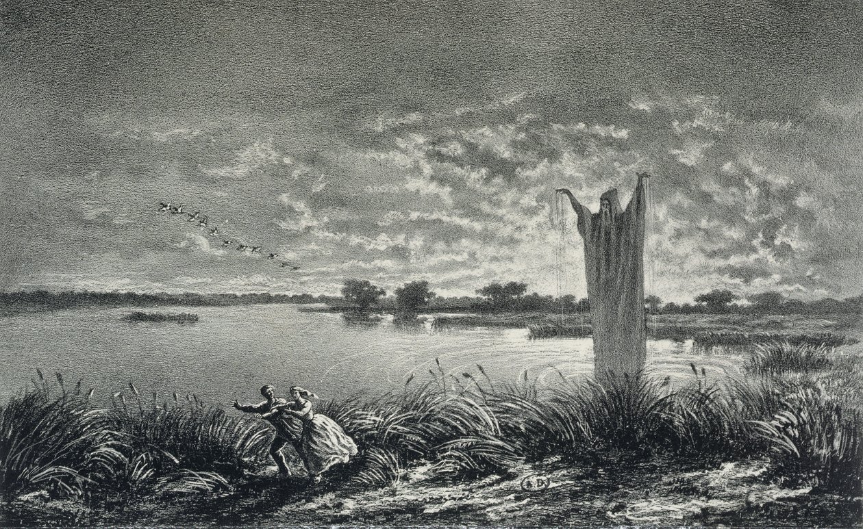 The Monk of the Etangs-Brisses, kuvitus George Sandin (1804-76) Legendes Rustiques -teokseen, kaiverrus E. Vernier, 1858 tekijältä Maurice Sand