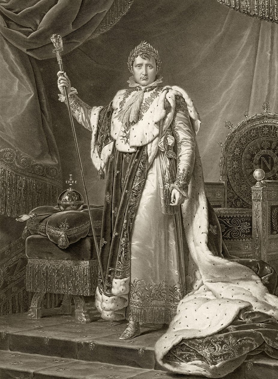 Napoleon I, Ranskan keisari, kruunausvaatteissaan, kaiverrus Auguste Desnoyers (1779-1857) tekijältä Baron François Pascal Simon Gérard