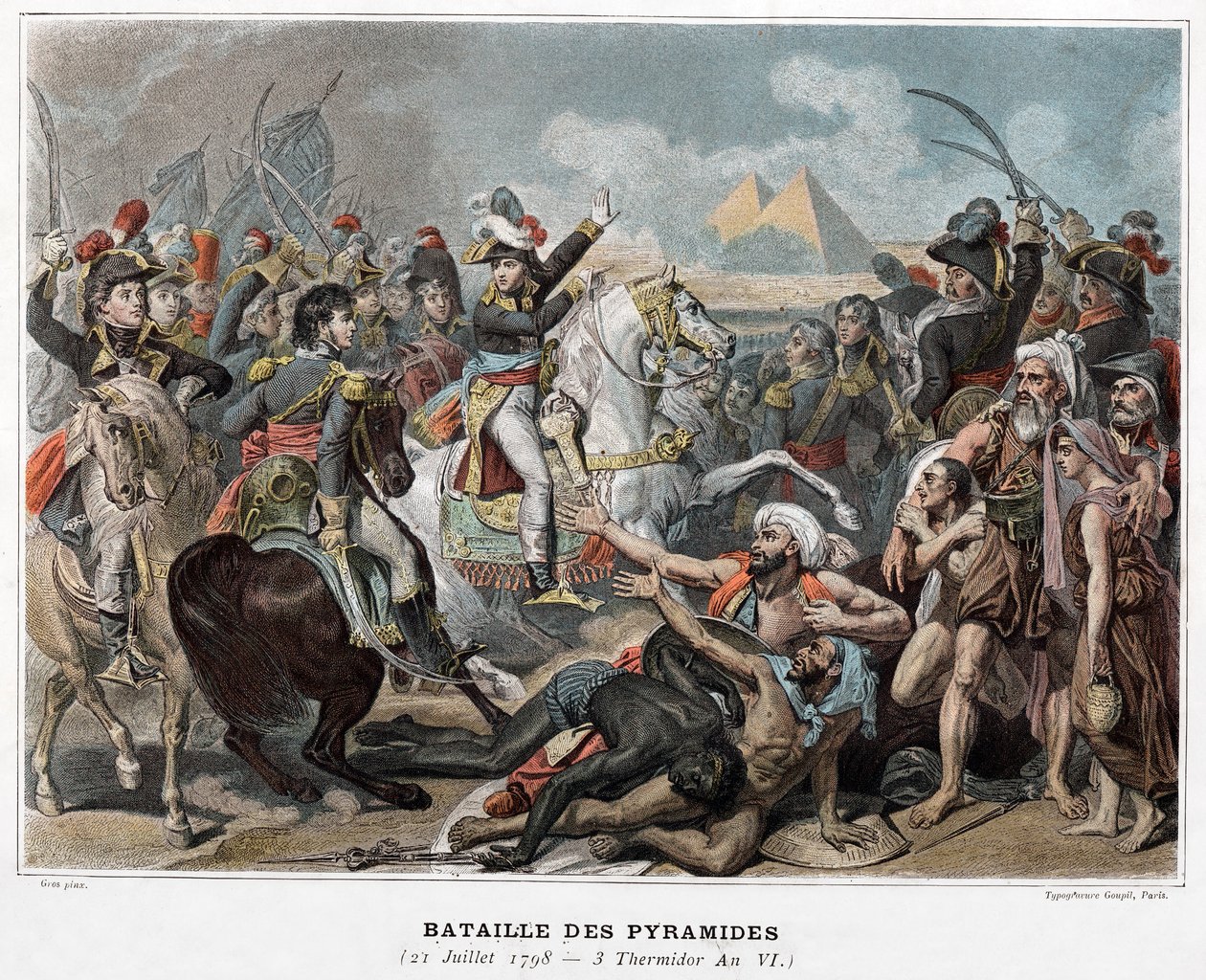 Pyramidien taistelu : Napoleon Bonaparte Egyptissä vuonna 1798 (kaiverrus). tekijältä Baron Antoine Jean (after) Gros