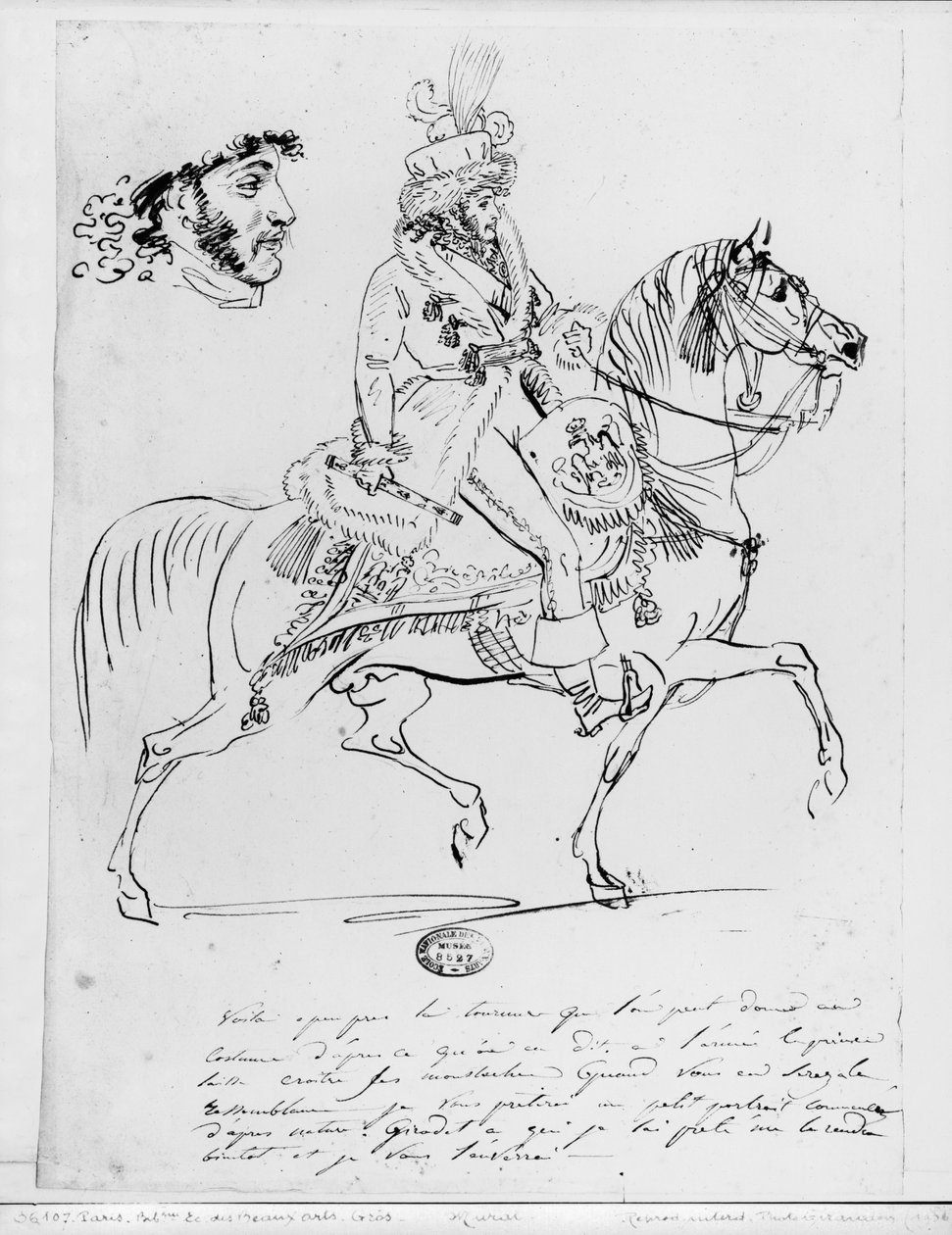 Prinssi Joachim Muratin ratsastusmuotokuva (kynä ja ruskea muste ja grafiitti paperille) tekijältä Baron Antoine Jean Gros