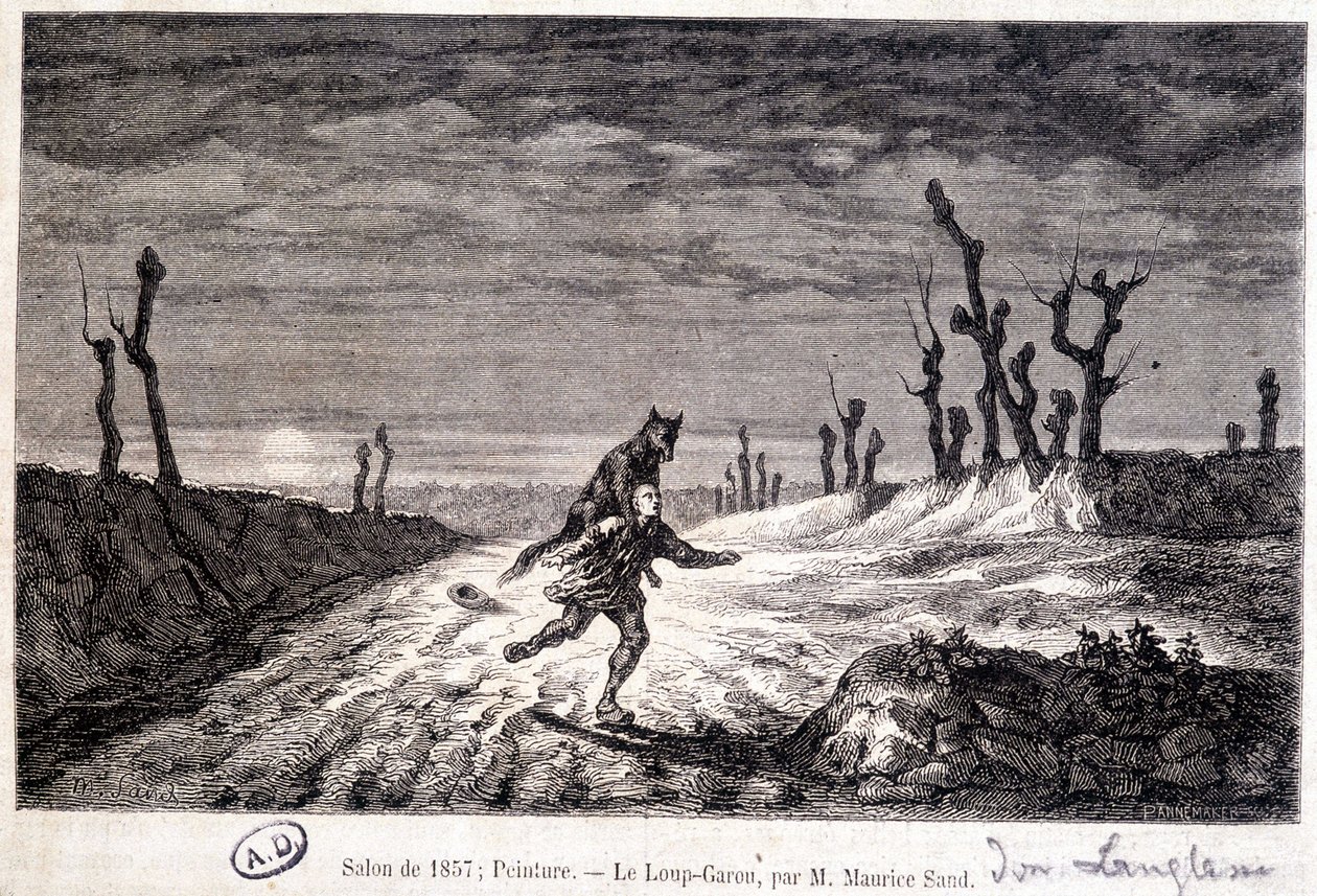 Ihmissusi (ihmissusi) hyökkäämässä miehen kimppuun - ap. Maurice Sandin maalaus näytteillä Salonissa 1857. tekijältä Baron Dudevant Jean Francois Maurice (after) Sand