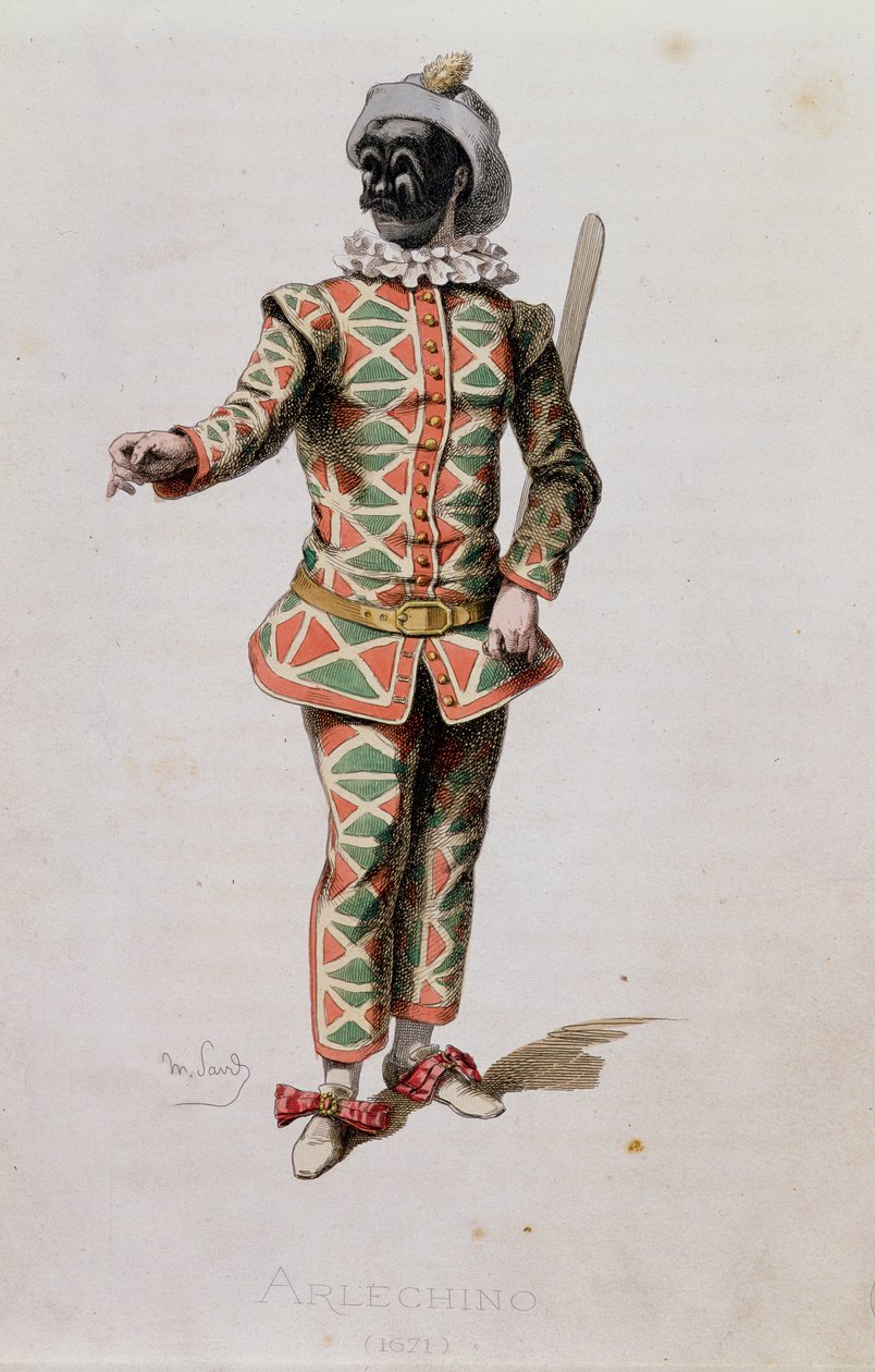 Harlekiini, taiteilijan teoksesta "Masques et Bouffons", kaivertanut A. Manceau, 1860 tekijältä Maurice Sand