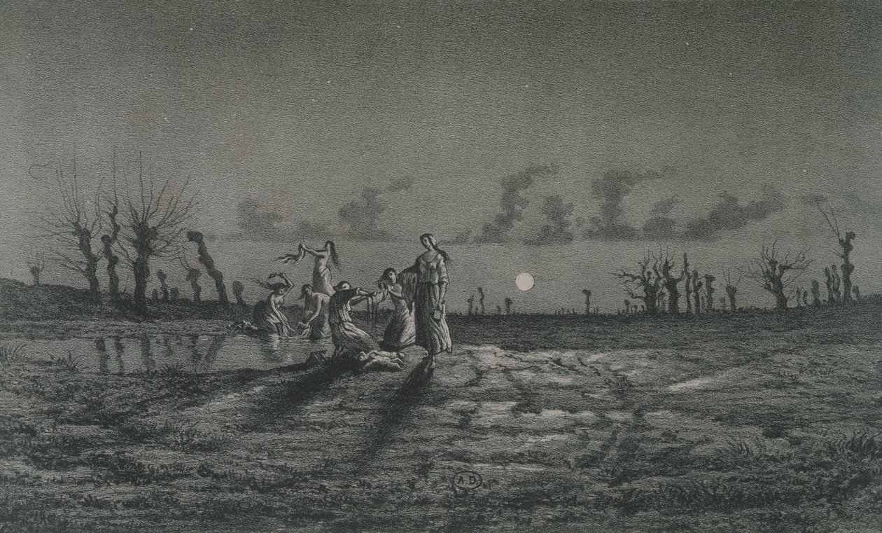 The Lavandieres tai The Night Washerwomen, kuvitus Legendes Rustiquesille George Sand (1804-76) 1858 tekijältä Maurice Sand