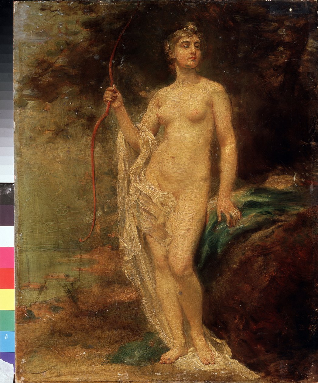 Diana (Diana). Alaston jumalatar pitää keulaansa, hänen kasvonsa ylpeinä, lähellä jokea metsässä. Ernest Karlovich Liphartin (1847-1932) maalaus öljy kankaalle. venäläistä taidetta tekijältä Baron Ernest Friedrich von Liphart