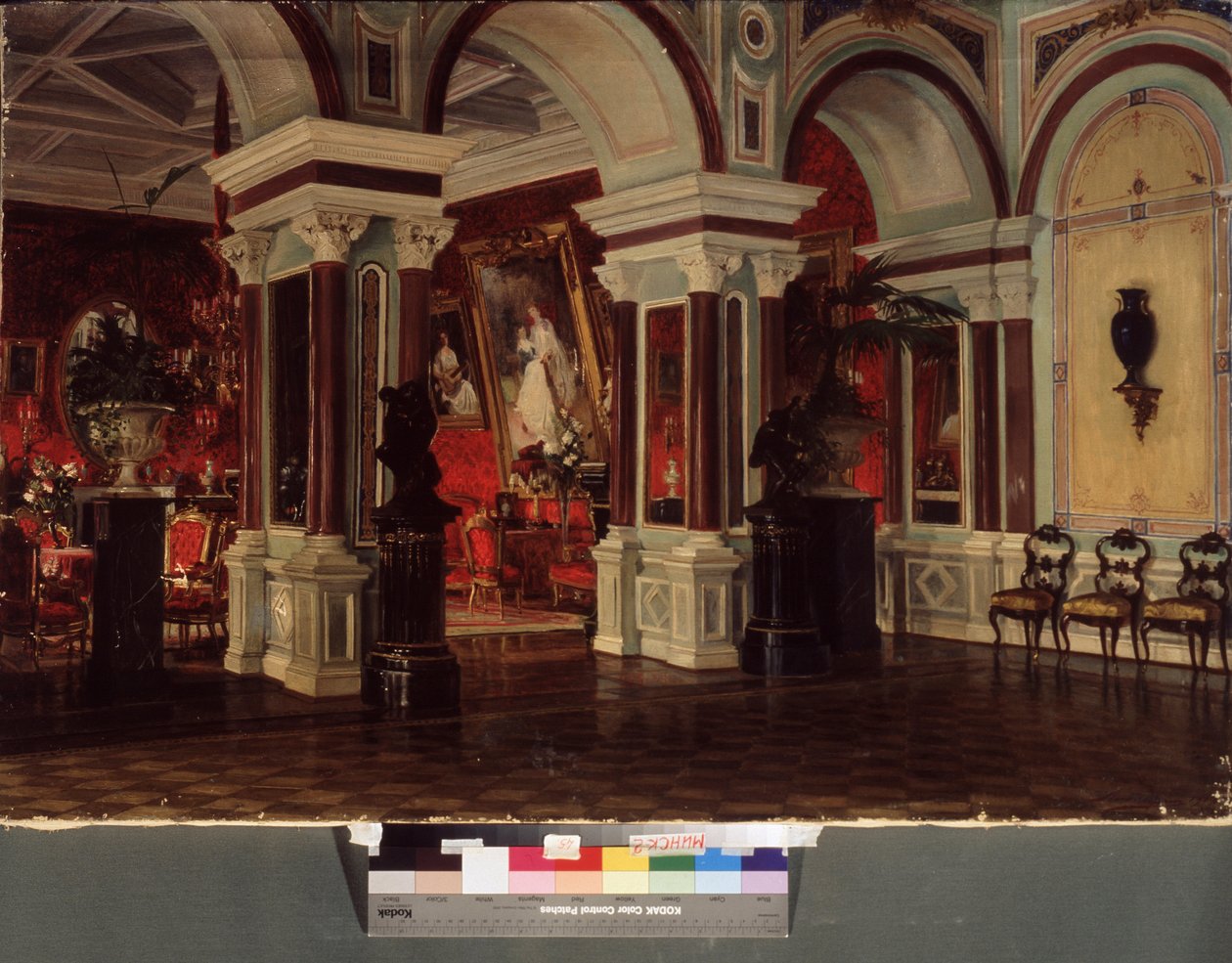 Sali. Kuvaus arkkitehtuurista ja sisustuksesta (huonekalut, maalaus). Ernest Karlovich Liphartin (1847-1932) maalaus öljy kankaalle tekijältä Baron Ernest Friedrich von Liphart