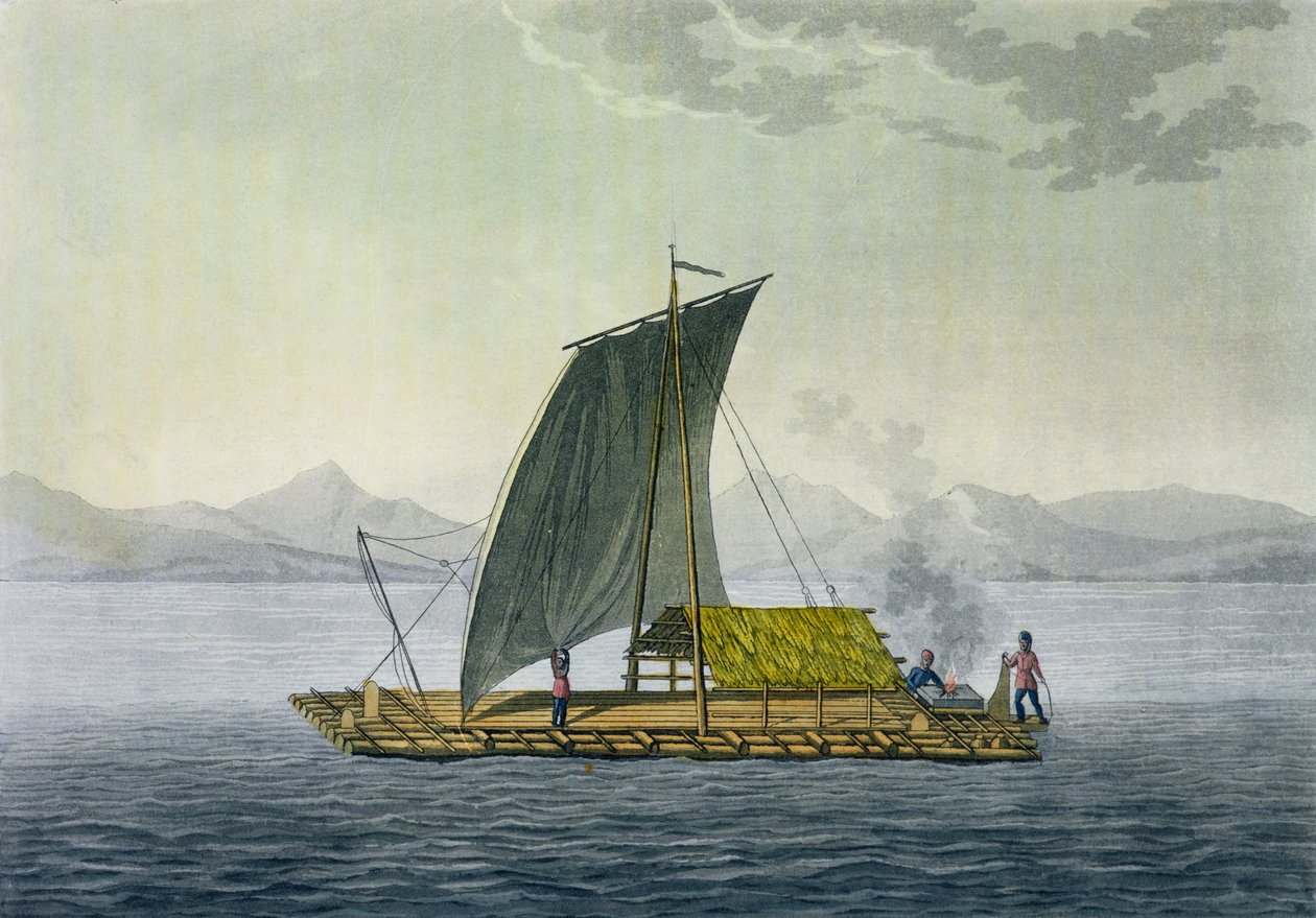 Lautta lähtemässä Guayaquilin satamasta Ecuadorista Jules Ferrarion "Le Costume Ancien et Modernen" osa II, levy 9, kaiverrus Paolo Fumagalli, julkaistu noin 1820-30-luvulla tekijältä Baron Friedrich Alexander von Humboldt