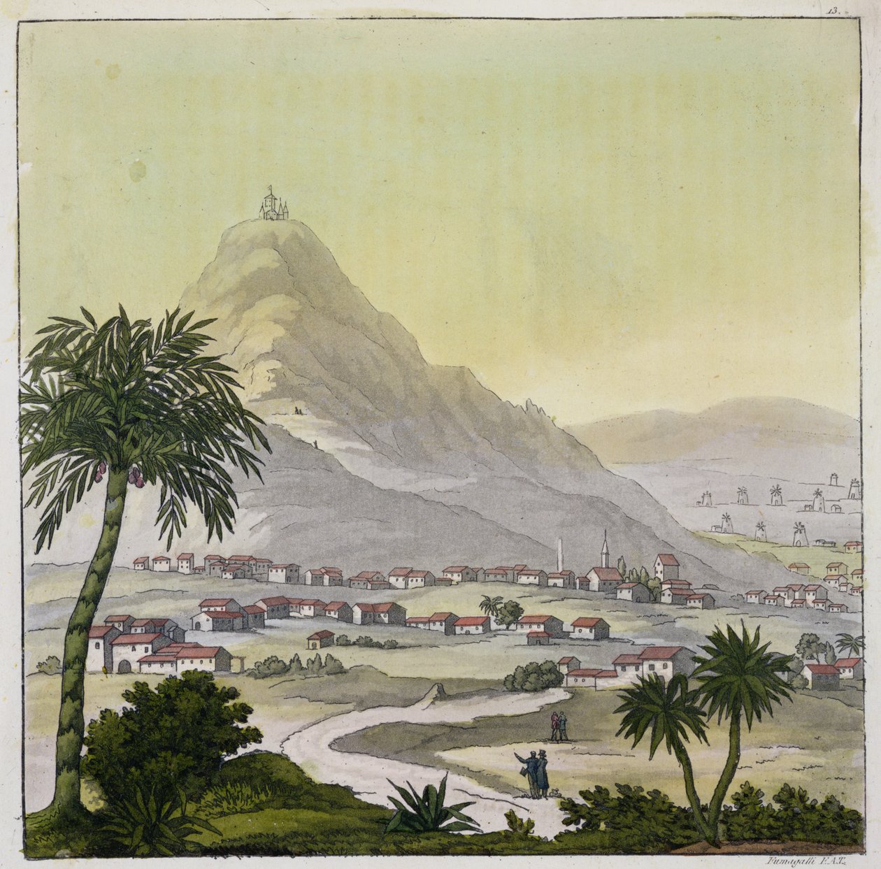 Näkymä Perun Liman kylästä Jules Ferrarion teoksesta Le Costume Ancien et Moderne, osa II, levy 13, kaiverrus Paolo Fumagalli, julkaistu noin 1820-30-luvulla tekijältä Baron Friedrich Alexander von Humboldt