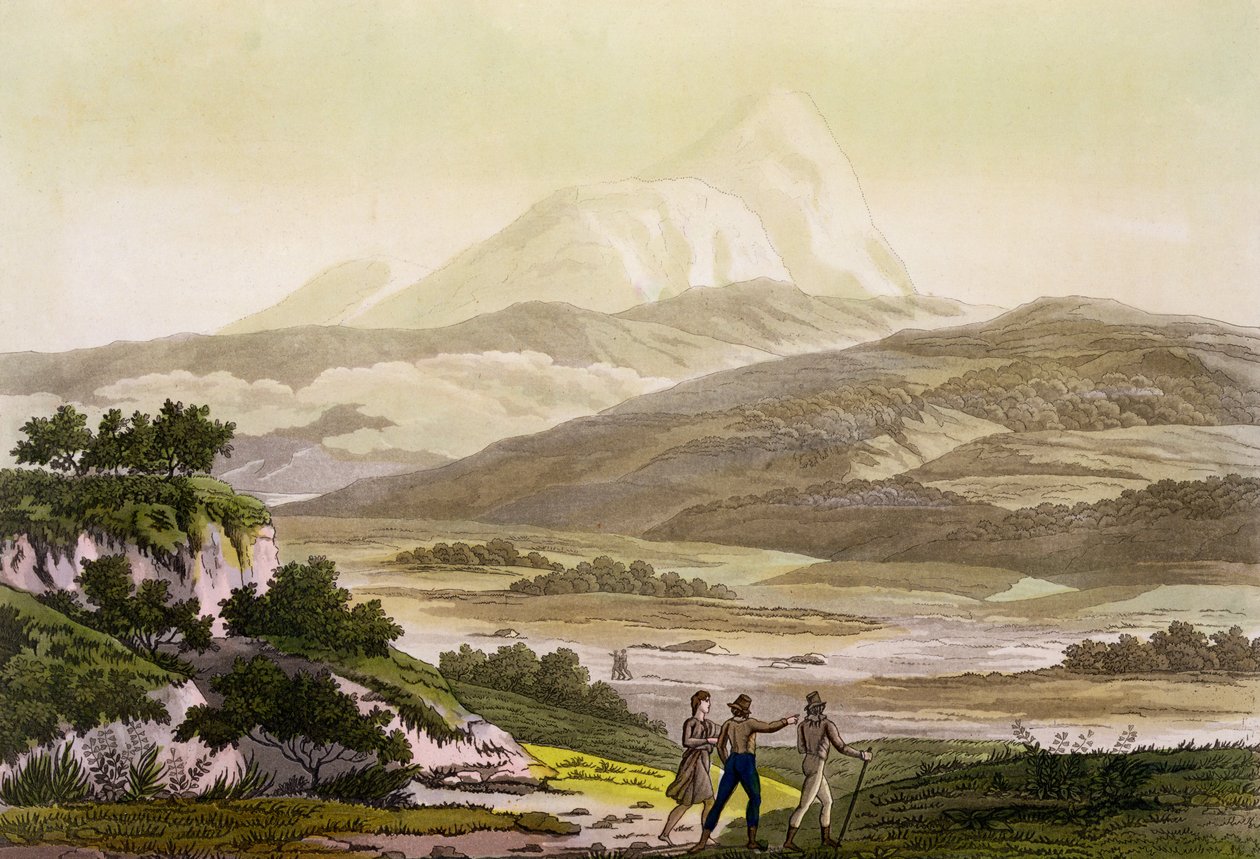 Mount Cayambe, Ecuador, julkaisusta Le Costume Ancien et Moderne, osa II, levy 3, Jules Ferrario, kaiverrus Paolo Fumagalli, julkaistu noin 1820-30-luvulla tekijältä Baron Friedrich Alexander von Humboldt