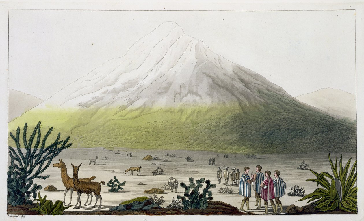 Mount Chimborazo, Ecuador, julkaisusta Le Costume Ancien et Moderne, osa II, levy 3, Jules Ferrario, kaiverrus Paolo Fumagalli, julkaistu noin 1820-30-luvulla tekijältä Baron Friedrich Alexander von Humboldt