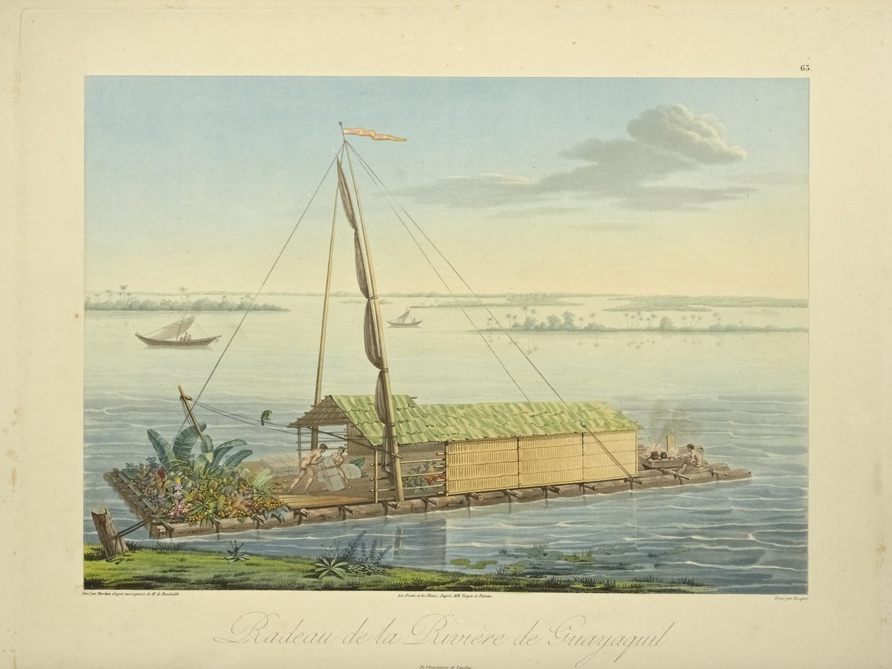 Lautta Guayaquil-joella, piirtänyt Marchais, kaivertanut Bouquet, kuvitus Alexander von Humboldtin ja Aime Bonplandin teoksesta "Näkymät Cordilleraille ja Amerikan alkuperäiskansojen muistomerkeille", 1813 tekijältä Baron Friedrich Alexander von Humboldt