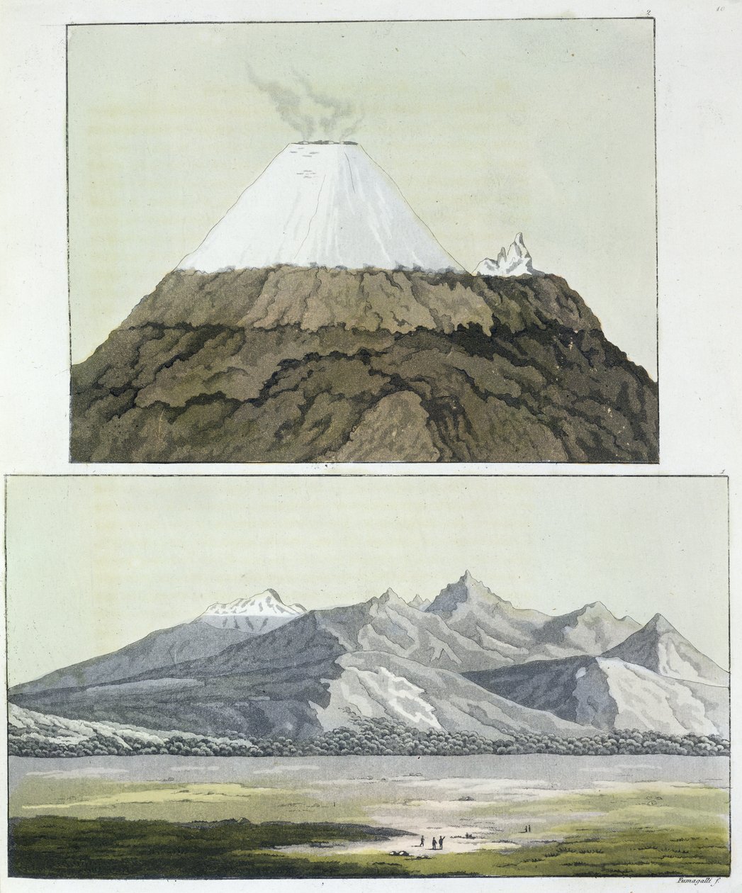 Cotopaxin huippu (ylhäällä) ja Cotopaxin purkaus vuonna 1803 (alhaalla), Jules Ferrarion julkaisemasta teoksesta "Le Costume Ancien et Moderne", osa I, julkaistu noin 1820-30-luvuilla. tekijältä Baron Friedrich Alexander von Humboldt