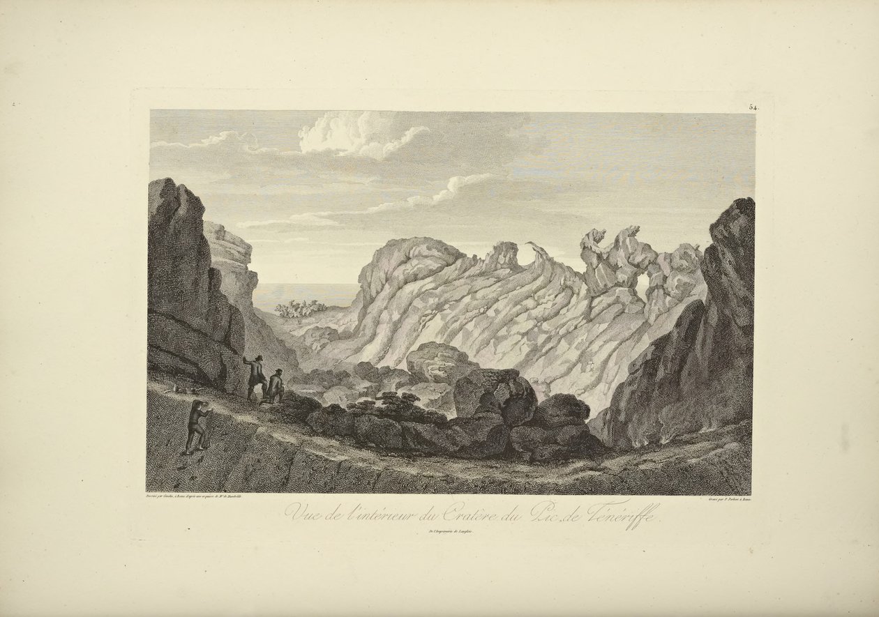 Näkymä Teneriffan huipun kraatterin sisäosista, piirtänyt Gmelin, kuva Alexander von Humboldtin ja Aime Bonplandin "Näkymiä Cordillerasta ja Amerikan alkuperäiskansojen monumenteista", 1813 tekijältä Baron Friedrich Alexander von Humboldt