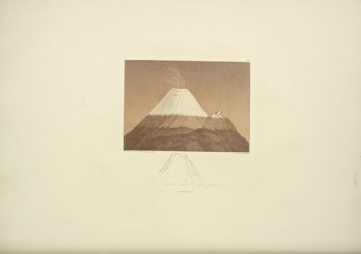 Cotopaxin tulivuori, piirtänyt Gmelin, kaivertanut Arnold, kuvitus Alexander von Humboldtin ja Aime Bonplandin "Näkymiä Cordillerasta ja Amerikan alkuperäiskansojen muistomerkeistä", 1813 tekijältä Baron Friedrich Alexander von Humboldt