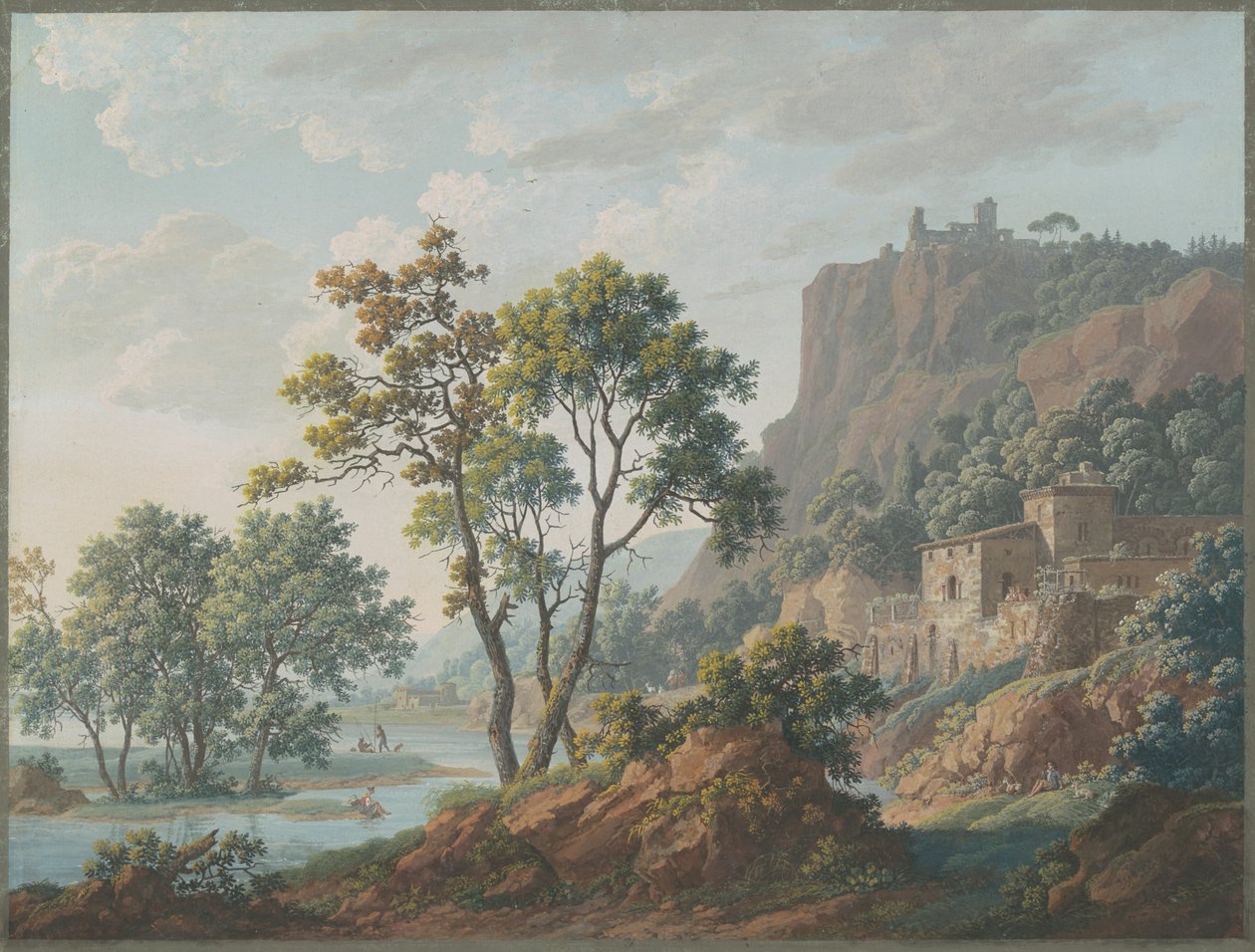 Jokimaisema linnoineen ja kalastajineen tekijältä Baron Louis Albert Guillain Bacler d