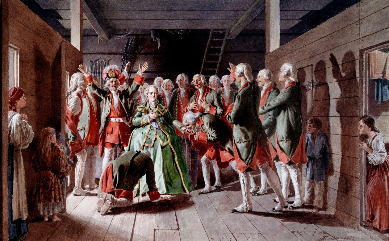 Venäläinen vaikutelma Elisabeth Iere Petrovna (1709-1762) juhlapäivänä ja hänen tulevaisuutensa keisarillisella valtaistuimella, sotilaat vannovat hänen uskollisuutensa Klodtin (1800-luku) 1883 Eremitaaši-museo, Pietari tekijältä Baron Mikhail Petrovich Klodt von Jurgensburg