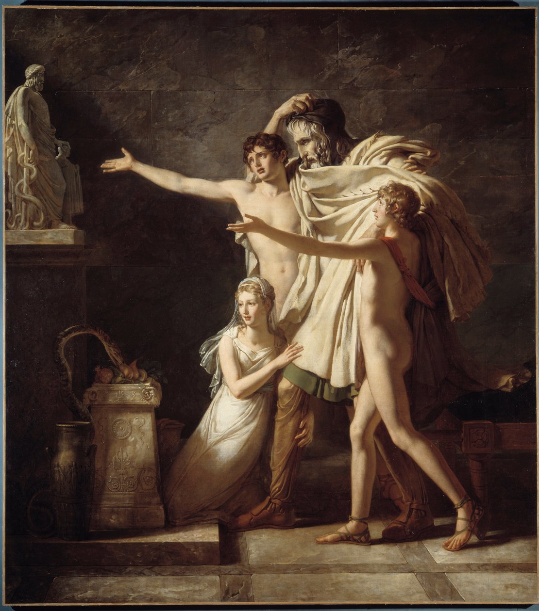 Tarjous jumalalle Esculapius Käärmelahja roomalaisen lääketieteen jumalan kunnioittamiseksi - Pierre Narcissus (Pierre-Narcisse) Guerinin (1774-1833) maalaus 1803 Su 2,91x2,59 m Arras, Musee des Beaux Arts - Uhri jumala Aesculapius. Lahja käärmeitä ve tekijältä Baron Pierre Narcisse Guerin