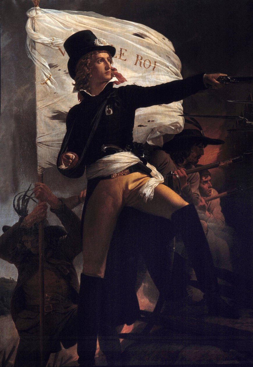 Portrait en pied de Henri Duverger, Comte de La Rochejaquelein (tai Orchard de La Rochejacquelein) (1772-1794) kenraali myyty lipun kanssa live le roi”” (rinnassa Vendeen arvomerkit)”” (Wars of Vendee) Maalaus Kirjailija: Pierre Narcisse (Pierre-Narcisse)  tekijältä Baron Pierre Narcisse Guerin