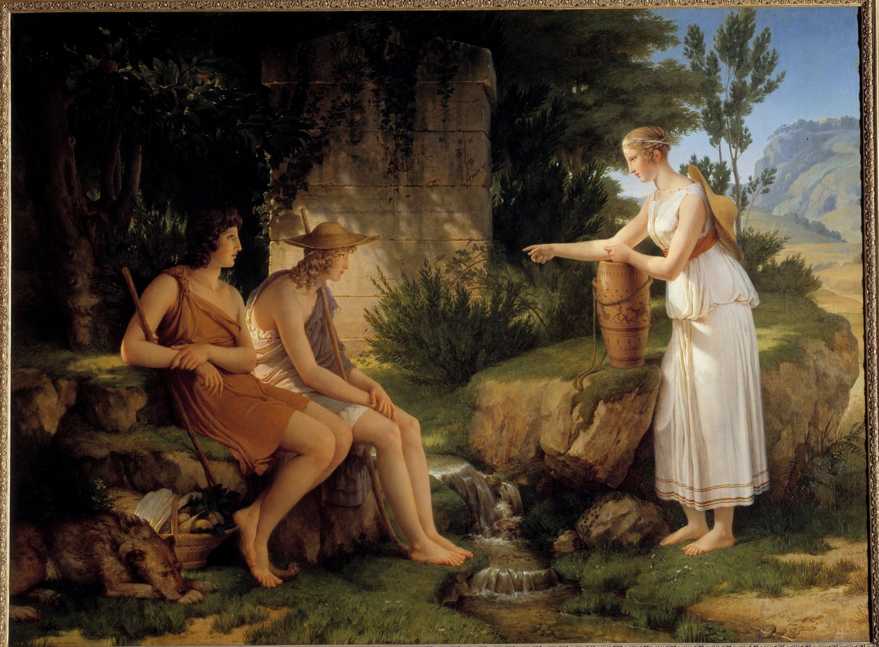 Paimenet Amyntasin haudalla Kuvitus Salomon Gessnerin "Idylleistä" - Pierre Narcissen (Pierre-Narcisse) Guerinin (1774-1833) maalaus 1805 Aurinko 1,31x1,76 m tekijältä Baron Pierre Narcisse Guerin