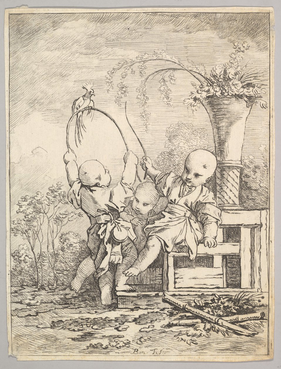 Kiinalaiset lapset leikkimässä papukaijan kanssa, 1760-70. tekijältä Baron de Thiers Louis Antoine Crozat