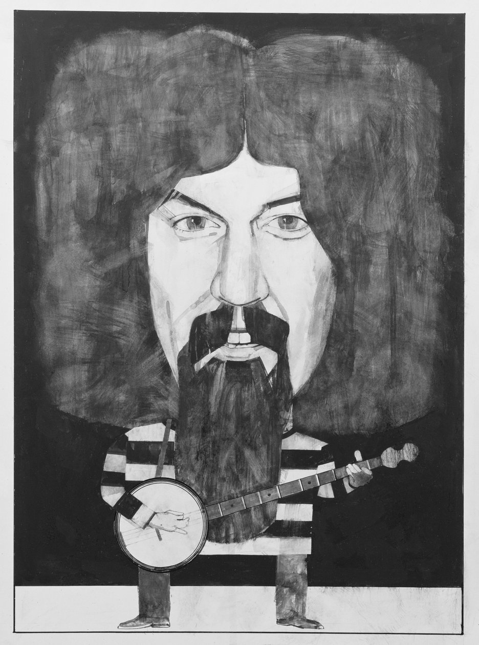 Muotokuva Billy Connollysta, kuvitus The Listenerille, 1970 (guassi laivalla) tekijältä Barry Fantoni