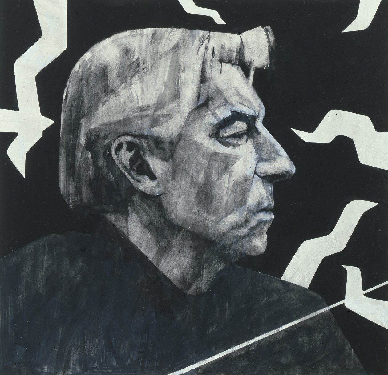 Herbert von Karajanin muotokuva, kuvitus The Sunday Timesille, 1970 (guassi laivalla) tekijältä Barry Fantoni