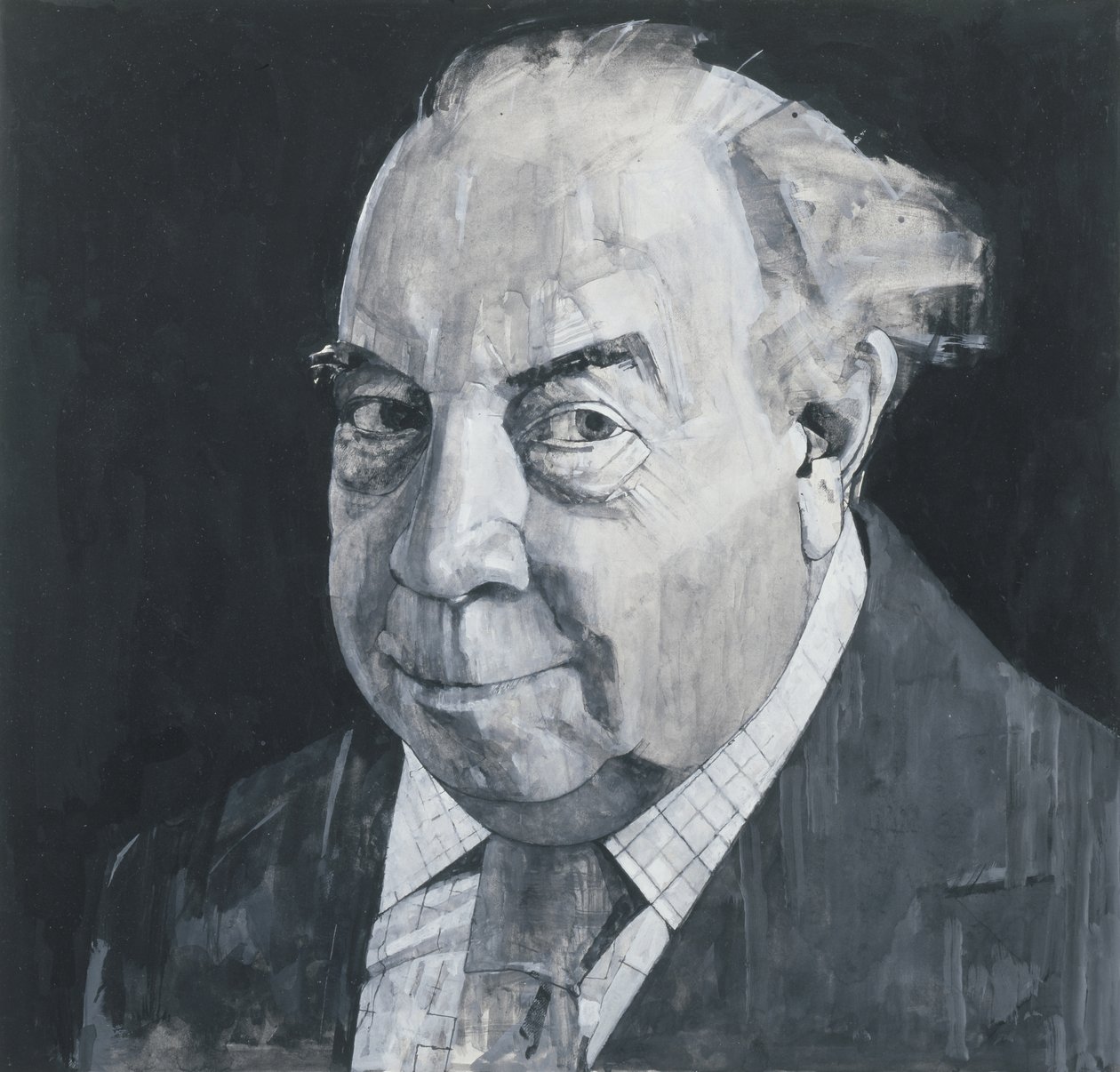 J.B. Priestleyn muotokuva, kuvitus The Listenerille, 1970-luku (guassi ja kynä aluksella) tekijältä Barry Fantoni